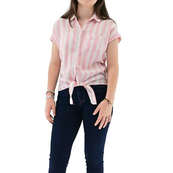 OLD NAVY Womens Striped Linen Cotton Tie Front Button Up Top Pink White Size XS - Picture 1 of 6